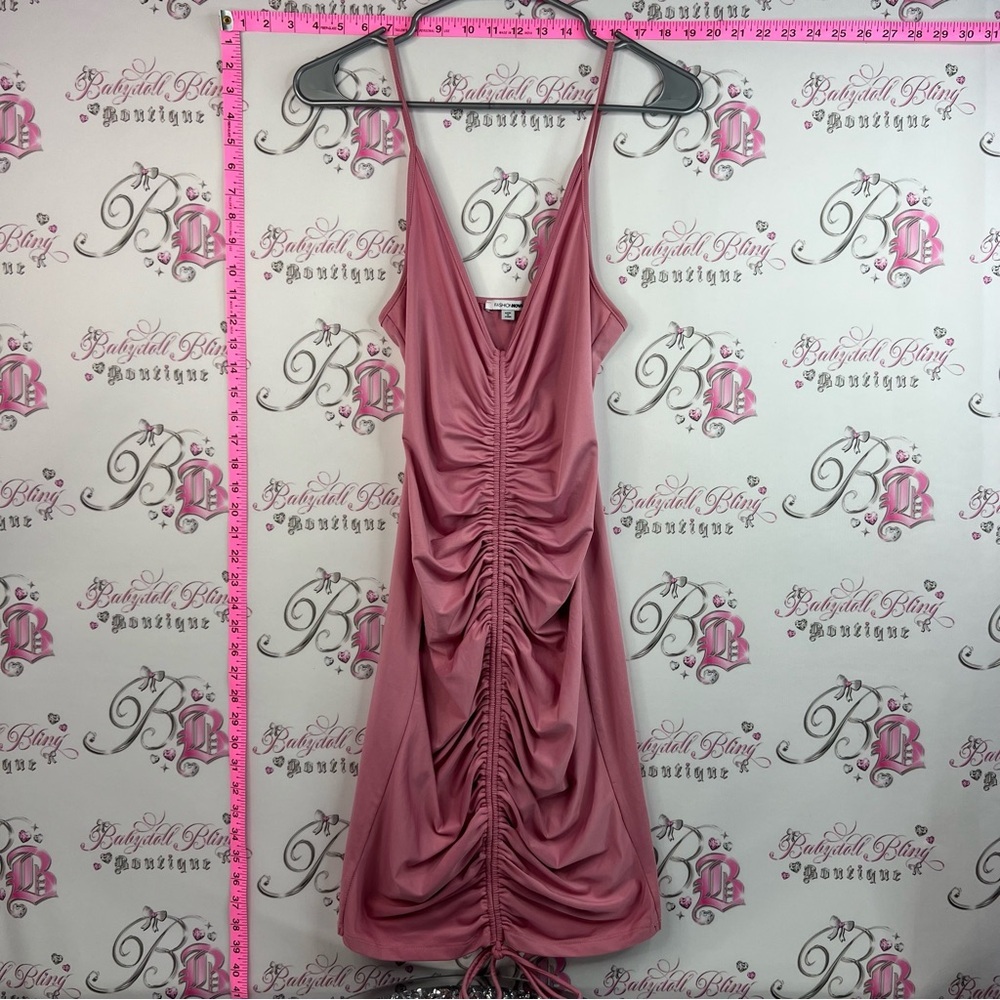 Fashion Nova dress cinch pull front tie Dusty Rose Ruched V-Neck Mini Dress